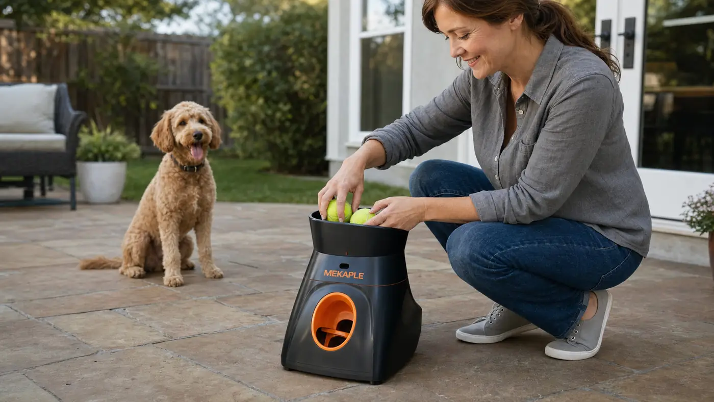Hand loading mini tennis balls into the top hopper of an automatic ball launcher on a patio while a dog waits at alert nearby