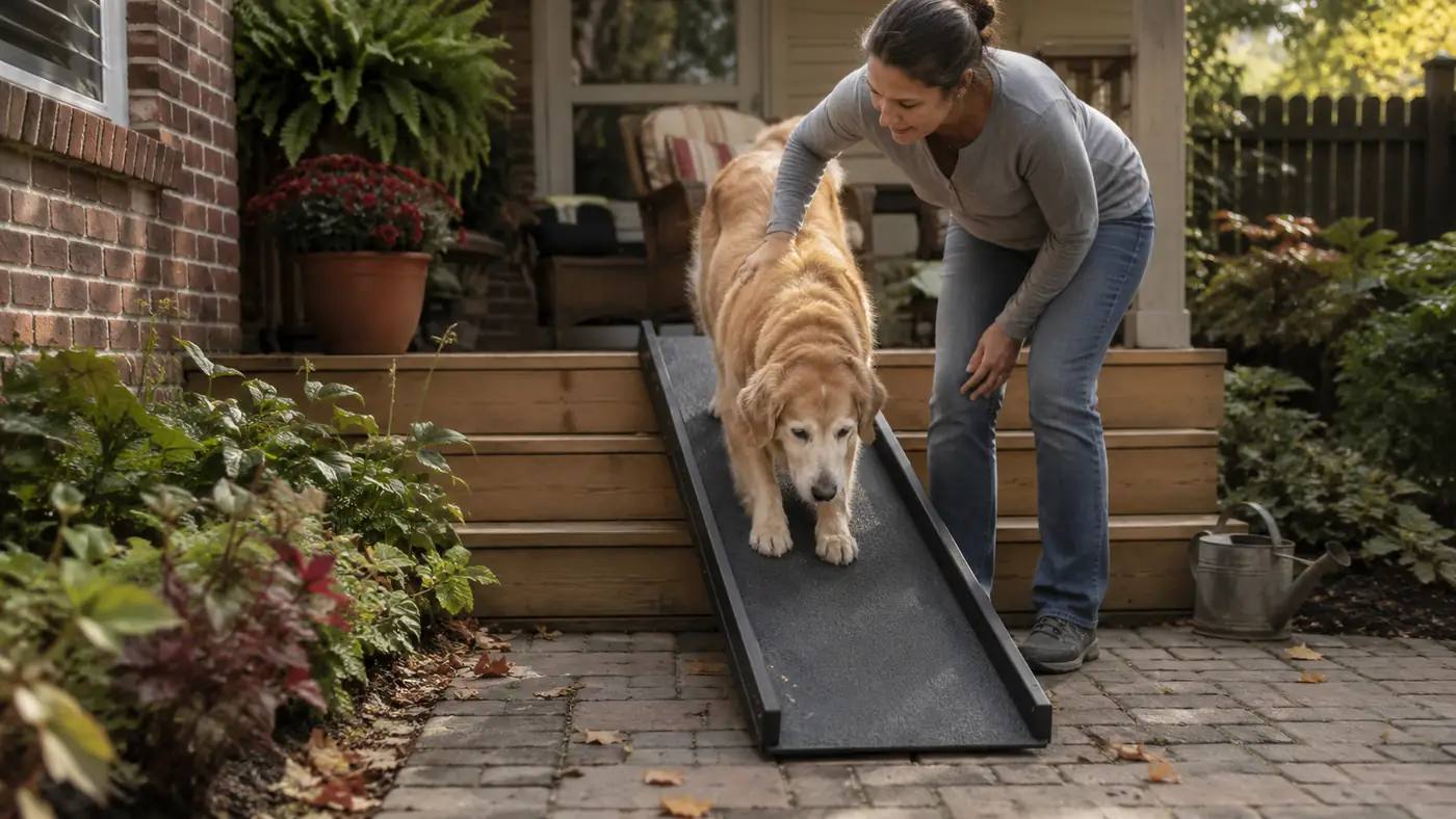 Senior dog and owner walking down a ramp placed over porch steps in a backyard