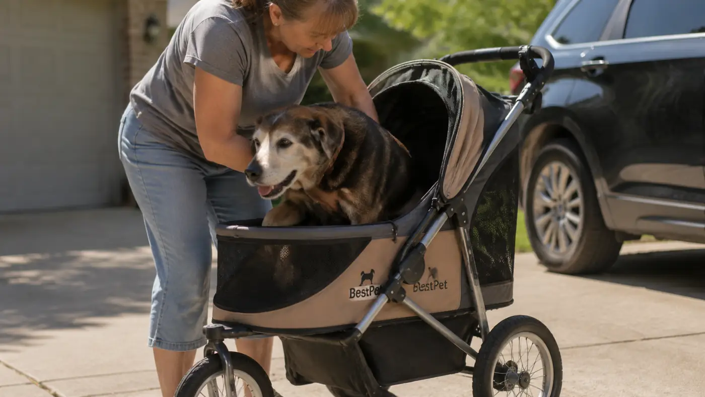 Hand lifting a senior lab mix into the padded compartment of a BestPet three-wheel stroller