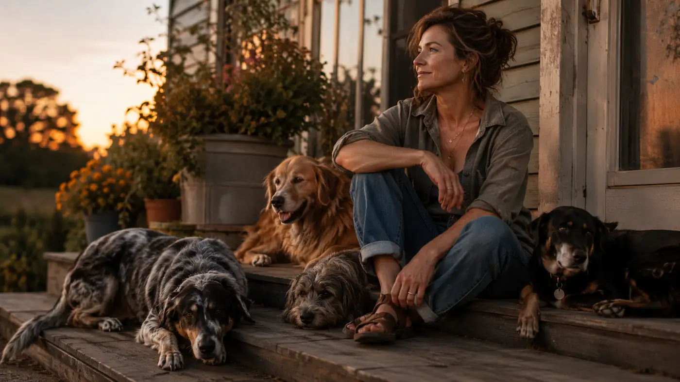 Woman sitting on a back porch in the evening with several dogs resting nearby