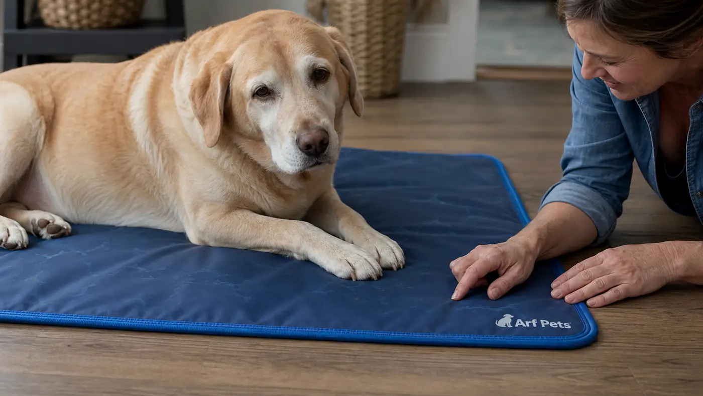 Hand pressing and checking the stitched edge seam of the Arf Pets gel cooling mat for wear