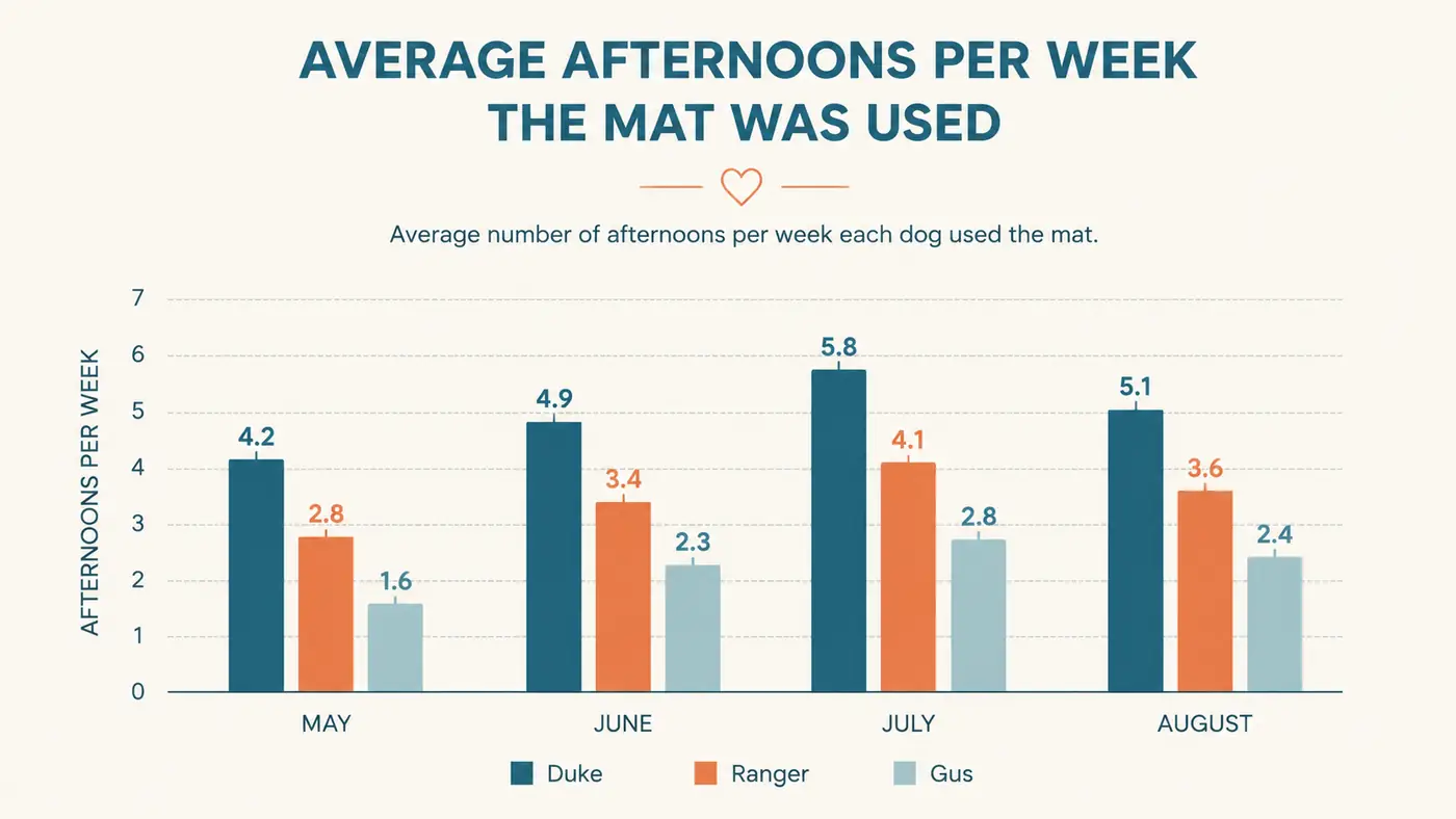 Bar chart showing how many afternoons per week each of the three dogs used the cooling mat from May through August