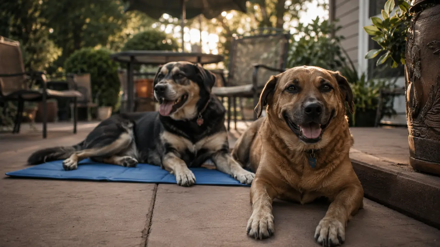 Two dogs resting together on a shaded patio near a cooling mat and a stroller during a hot afternoon