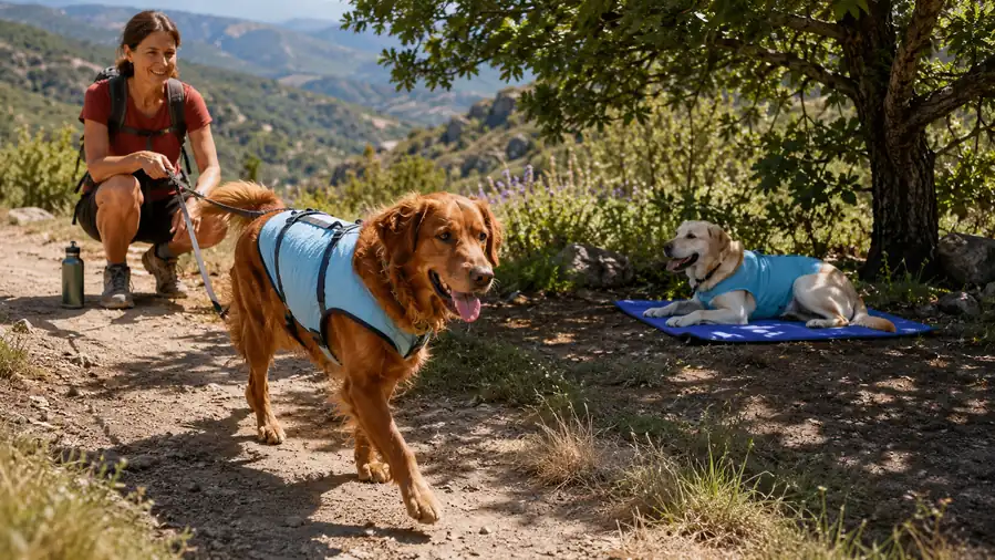 A dog wearing a cooling vest walking on a sunlit trail while another dog rests on a cooling mat in the shade nearby