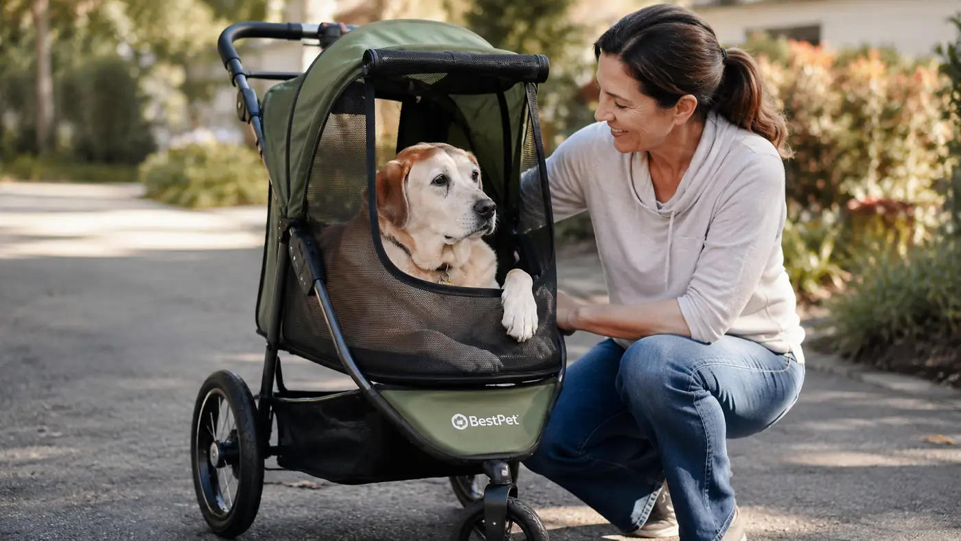 Close-up of a senior dog resting inside the BestPet stroller's mesh compartment with the canopy partly open