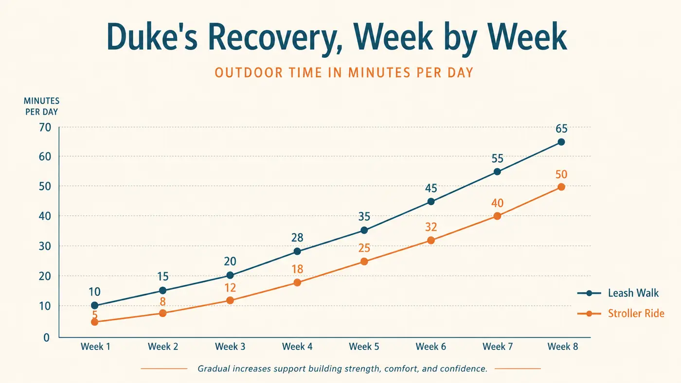 Simple chart showing Duke's daily activity minutes climbing over eight weeks of hip surgery recovery