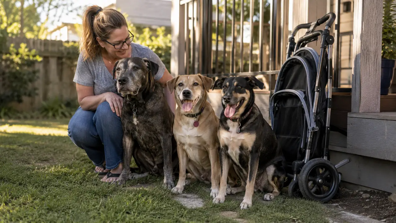 A senior dog and two younger dogs sitting together in a backyard near a folded pet stroller