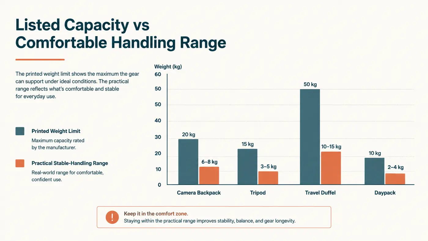 Simple chart comparing the stroller's listed weight capacity to the practical comfortable weight range for stable handling