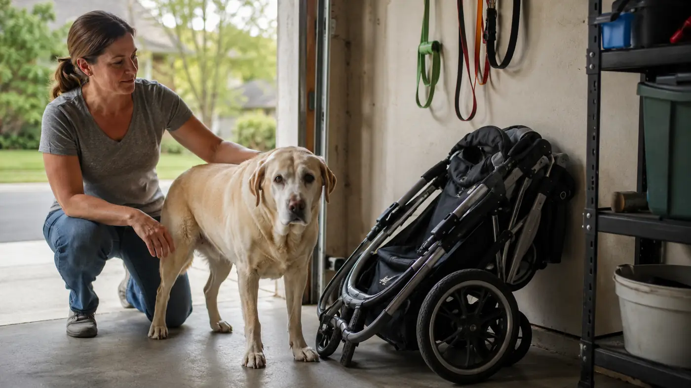Senior Lab mix dog standing next to a folded 3-wheel pet stroller leaning against a garage wall