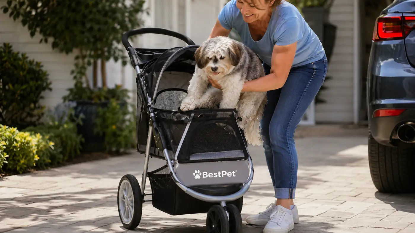 Close-up of hands unzipping the mesh dome of the BestPet stroller to lift a dog in