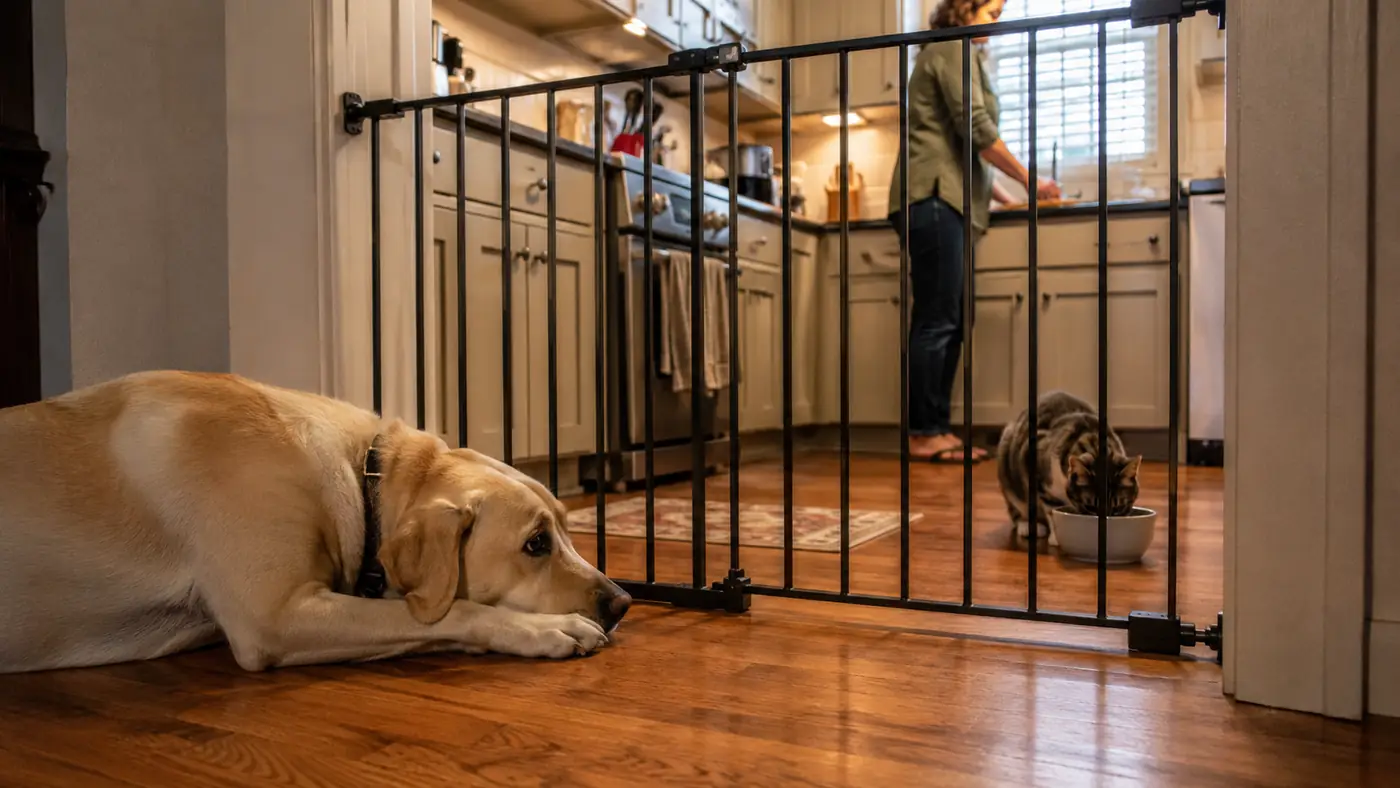 Large Labrador mix lying calmly on the far side of a kitchen gate while a cat eats undisturbed on the other side