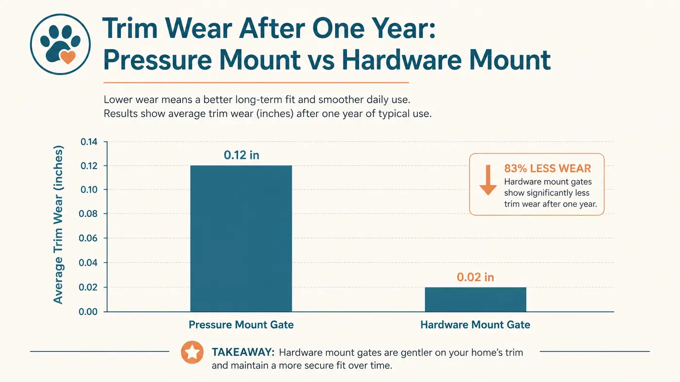 Bar chart comparing wall and trim damage between pressure-mounted and hardware-mounted pet gates over a year of use