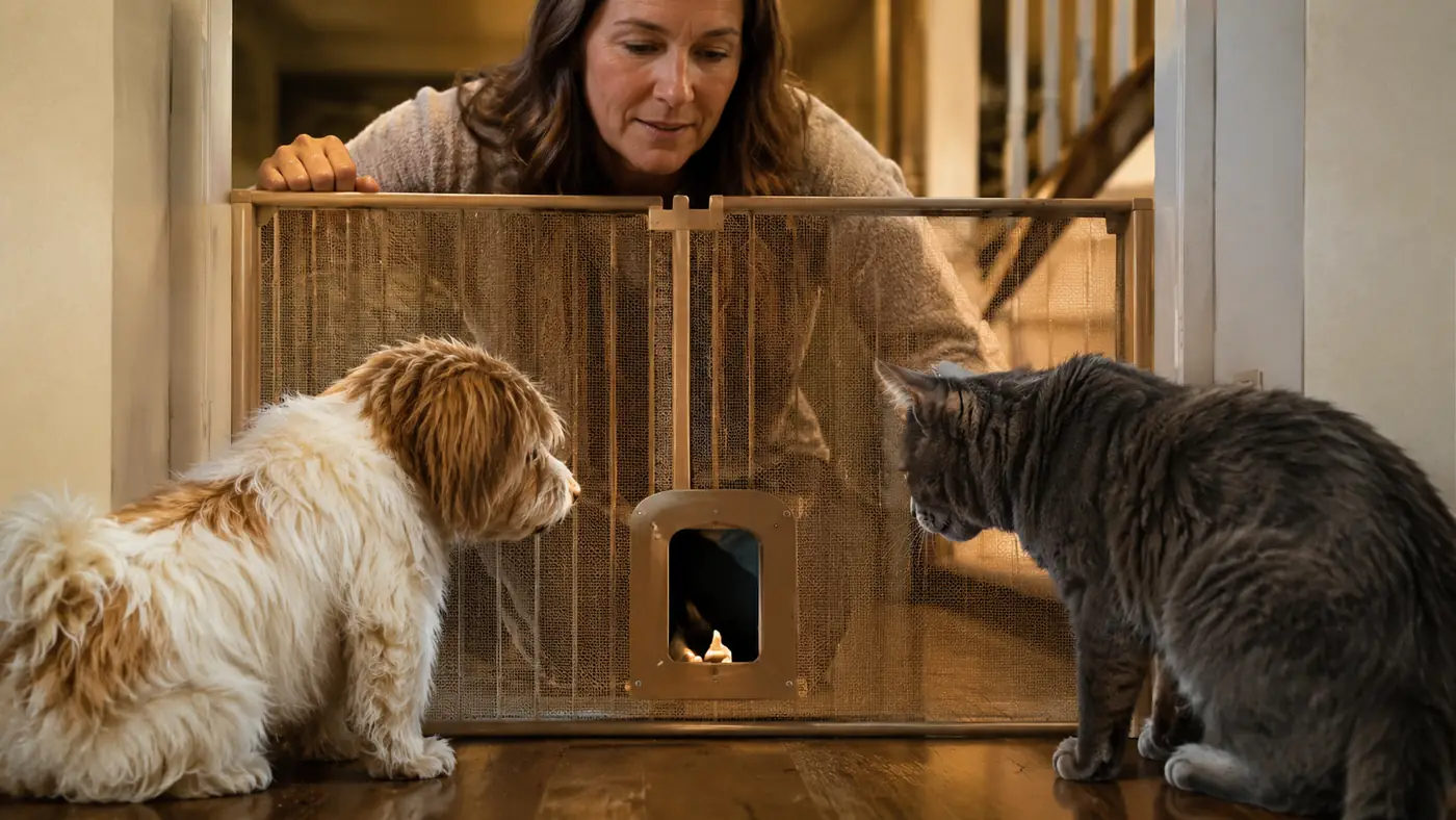 Small rat terrier mix dog and a gray senior cat both approaching the same small pet door cutout from opposite sides of a tall gate