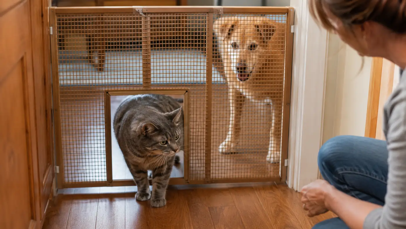 Senior cat squeezing through the small pet door cutout at the bottom of a tall pet gate while a dog watches from the other side