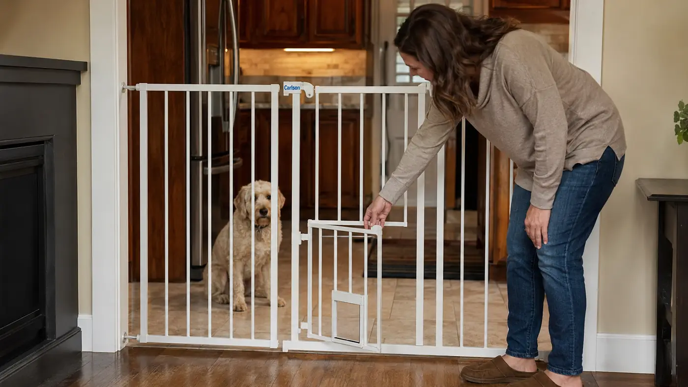 Hand pushing open the walk-through door of the Carlson gate while a dog waits on the other side