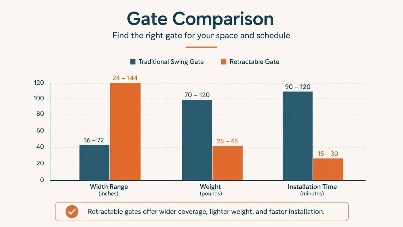 Chart comparing width range, wall pressure, and installation time between the Carlson gate and a standard pressure-mount gate