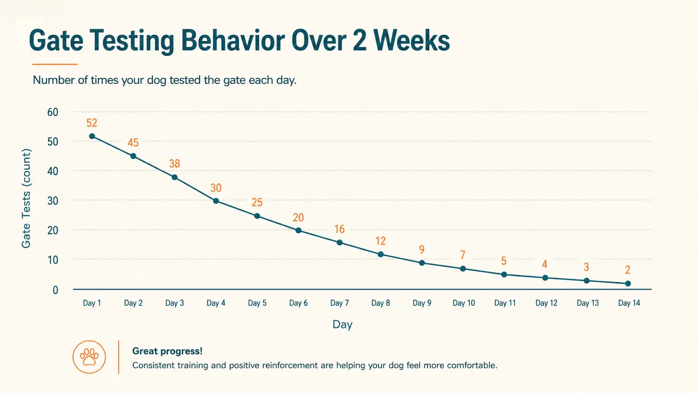 Simple chart showing how often a dog tested a gate boundary declining over two weeks of consistent training