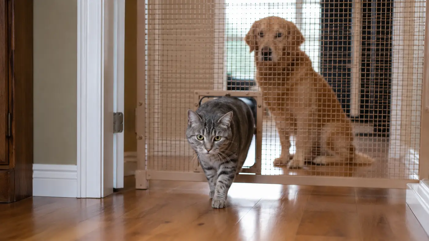 Small senior cat stepping through a cutout pet door at the base of a tall gate while a dog waits on the other side