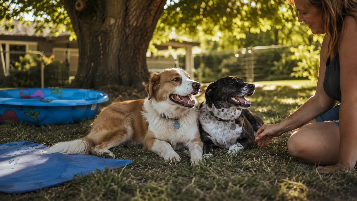 Two dogs resting in the shade of a backyard tree near a cooling mat and a kiddie pool during a hot afternoon