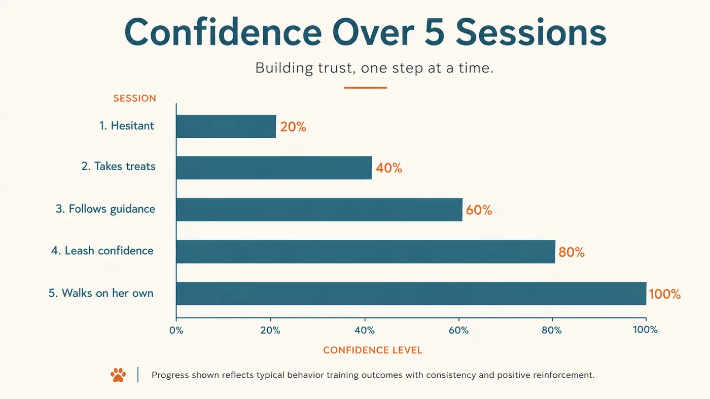 Simple bar chart showing a dog's comfort level walking the ramp increasing across five short training sessions
