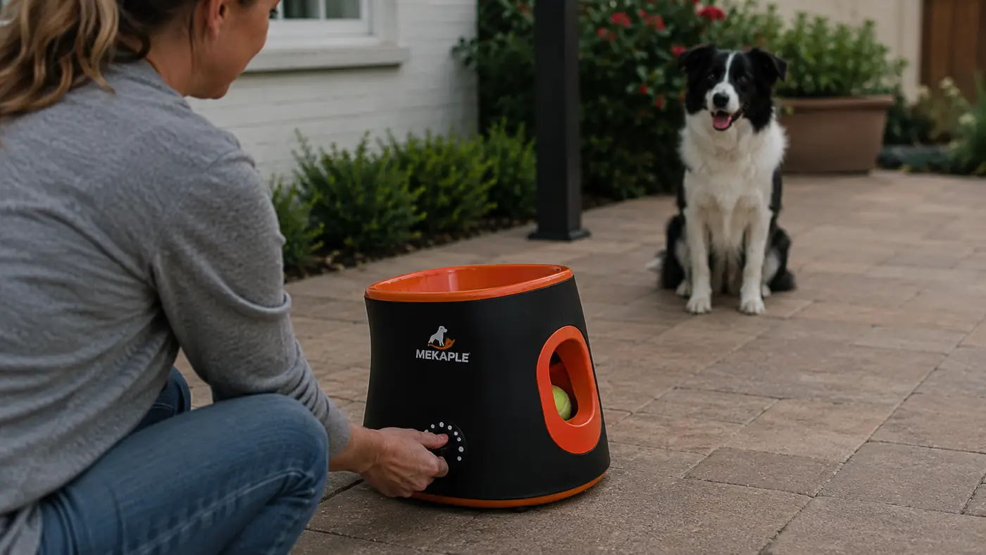 Hand adjusting the distance dial on an automatic ball launcher on a patio while a dog waits at alert nearby