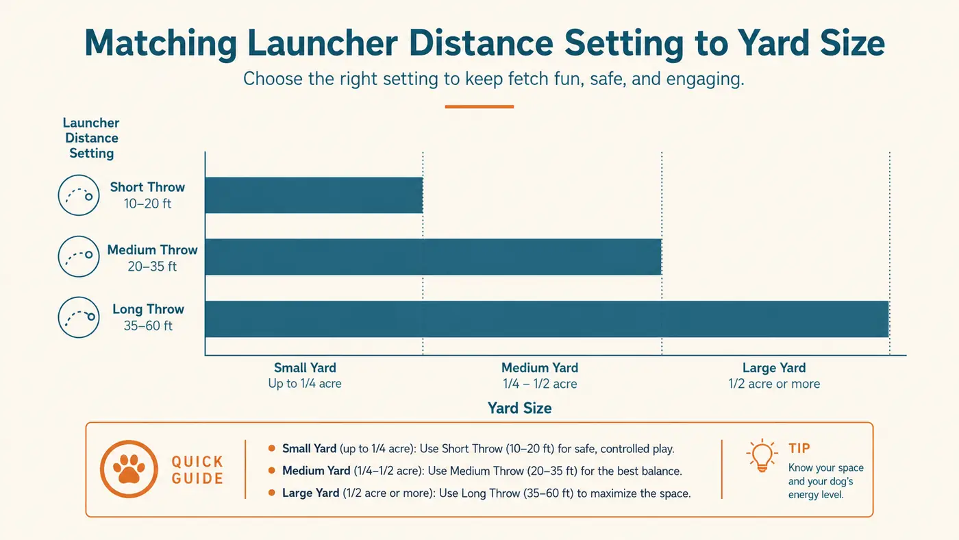 Simple chart showing recommended launcher distance setting matched to available backyard length