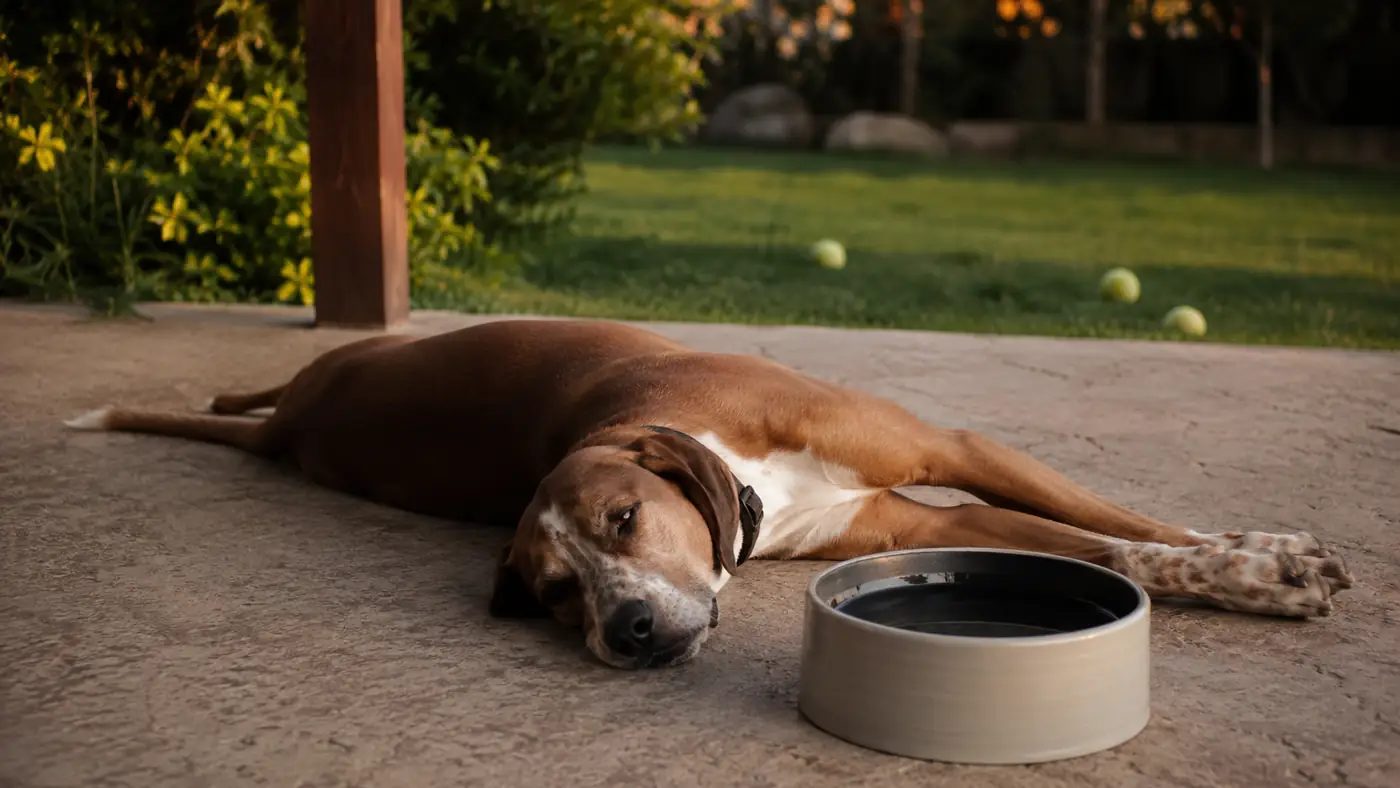 Tired dog lying stretched out on a covered porch next to a water bowl after a fetch session, tennis balls scattered on the lawn behind