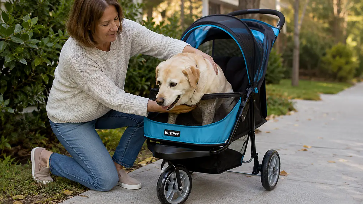 Hands lifting a senior dog into the mesh compartment of a stroller mid-walk on a sidewalk