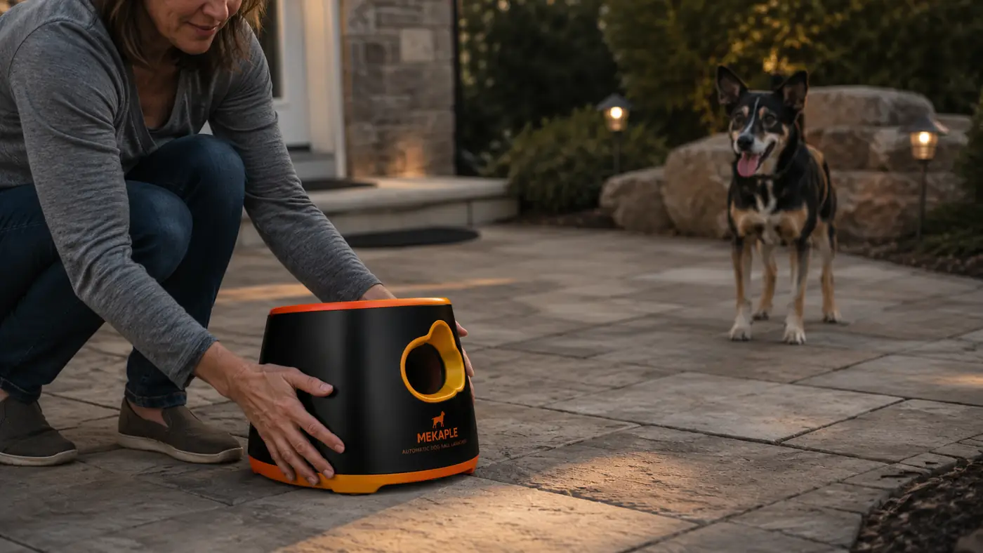 Hand placing a black and orange automatic ball launcher onto a patio next to a dog waiting eagerly