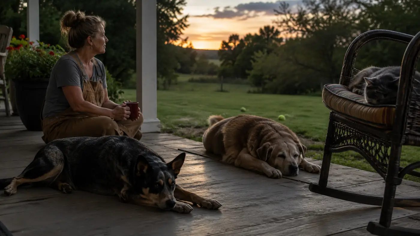 Tired dog lying stretched out on a porch at dusk with an older dog and a senior cat nearby, tennis balls scattered on the grass
