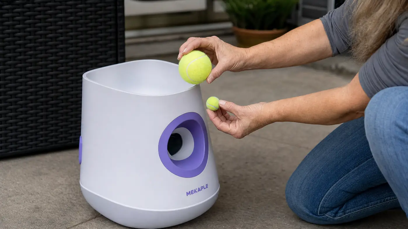 Close-up of a hand holding two different sized tennis balls next to the loading chute of an automatic ball launcher to show the size difference