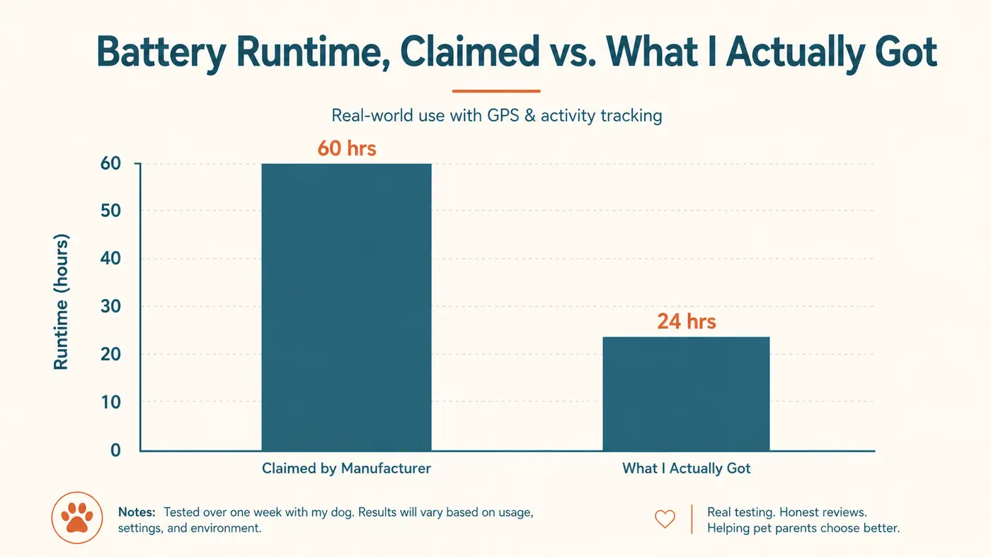 Simple bar chart comparing claimed versus actual battery runtime for a battery powered automatic dog ball launcher
