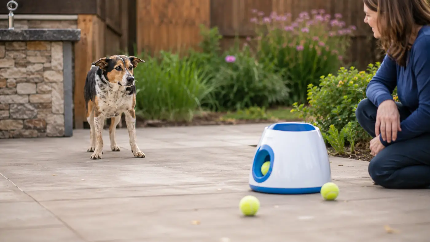 A dog standing a cautious distance away from an automatic ball launcher on a patio, ears back, watching it warily