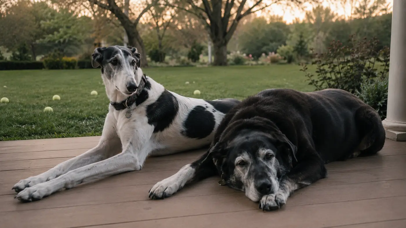Two dogs of different sizes lying calmly on a porch after a fetch session, tennis balls scattered on the grass nearby
