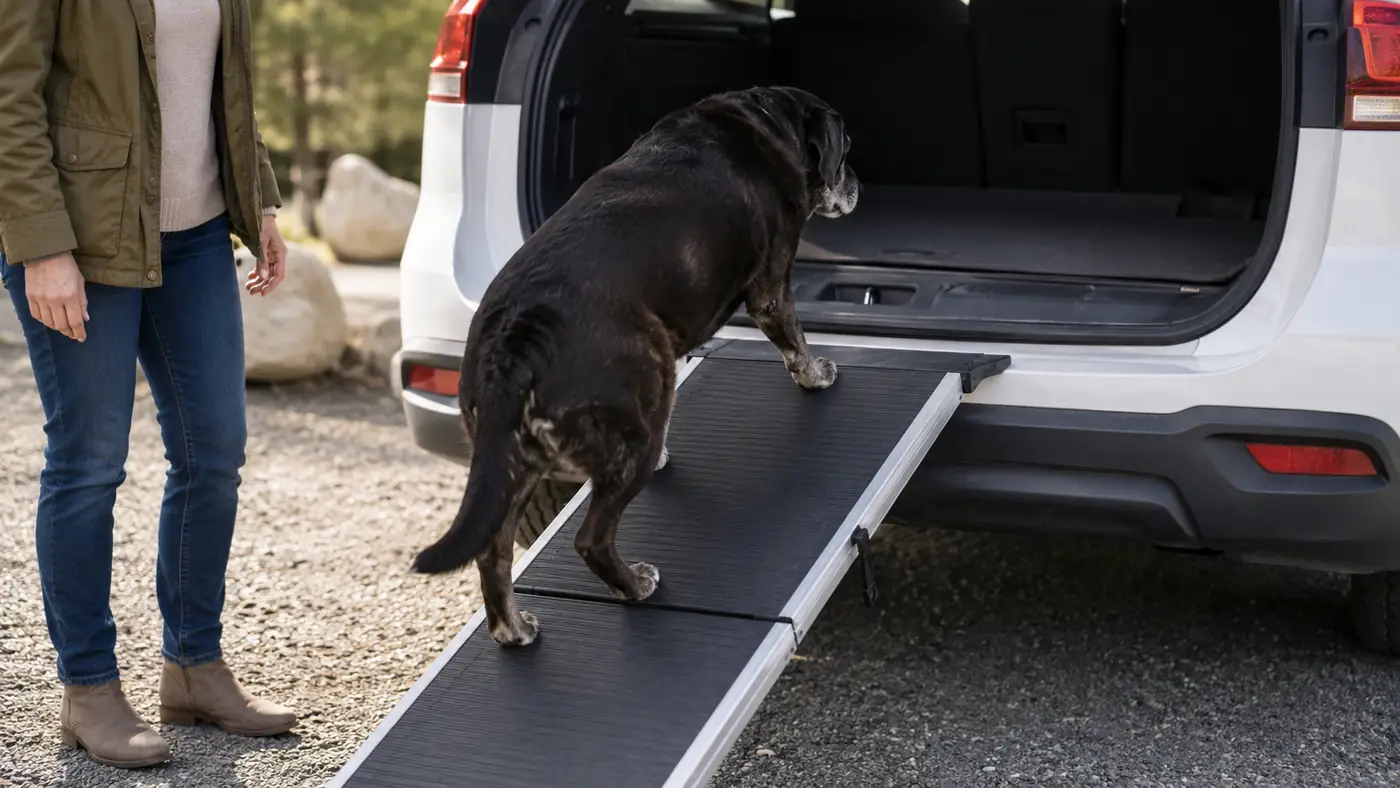 Older dog walking up a non-slip ramp into the back of a car