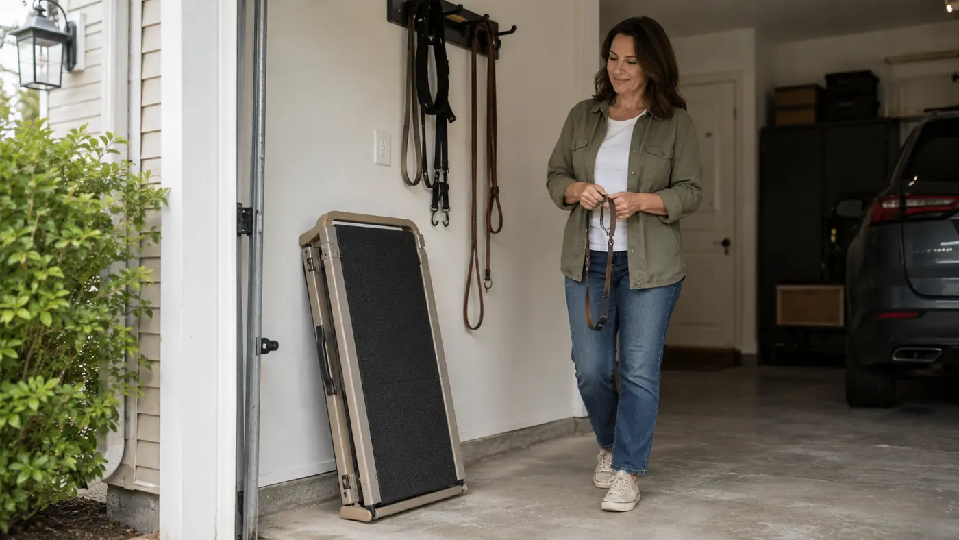 Dog ramp folded flat and leaning against a garage wall next to leashes and a car