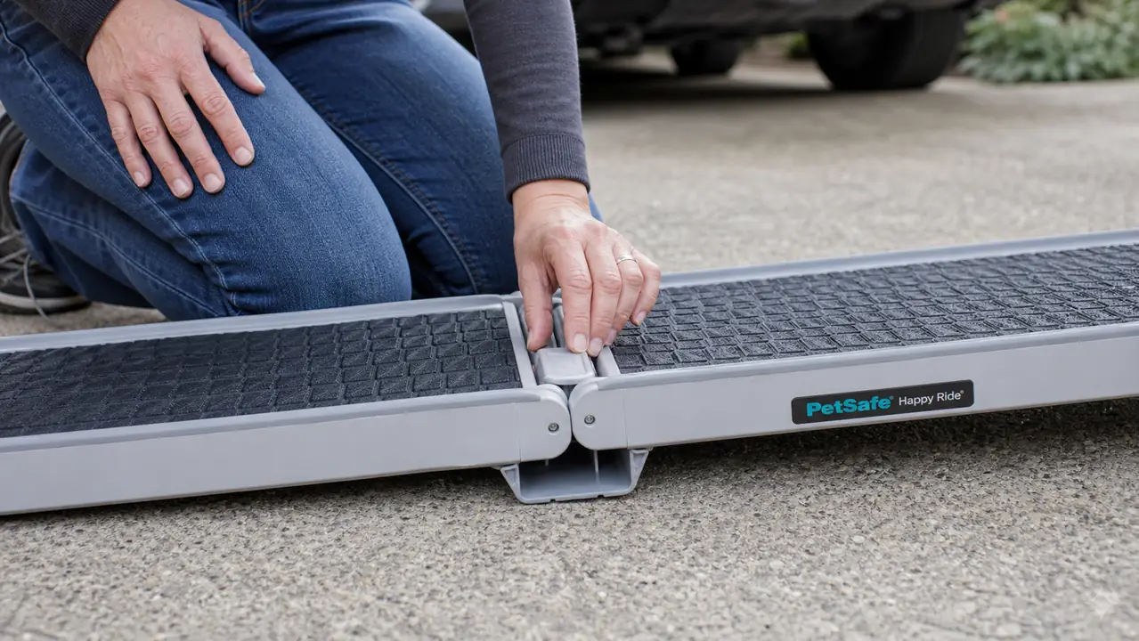 Hand checking whether a folding ramp's center latch is fully locked before a dog steps on it