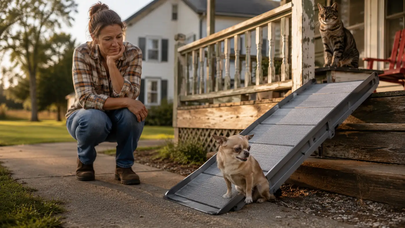Small Chihuahua mix hesitating at the bottom of a folding ramp while a senior cat watches from a porch railing nearby
