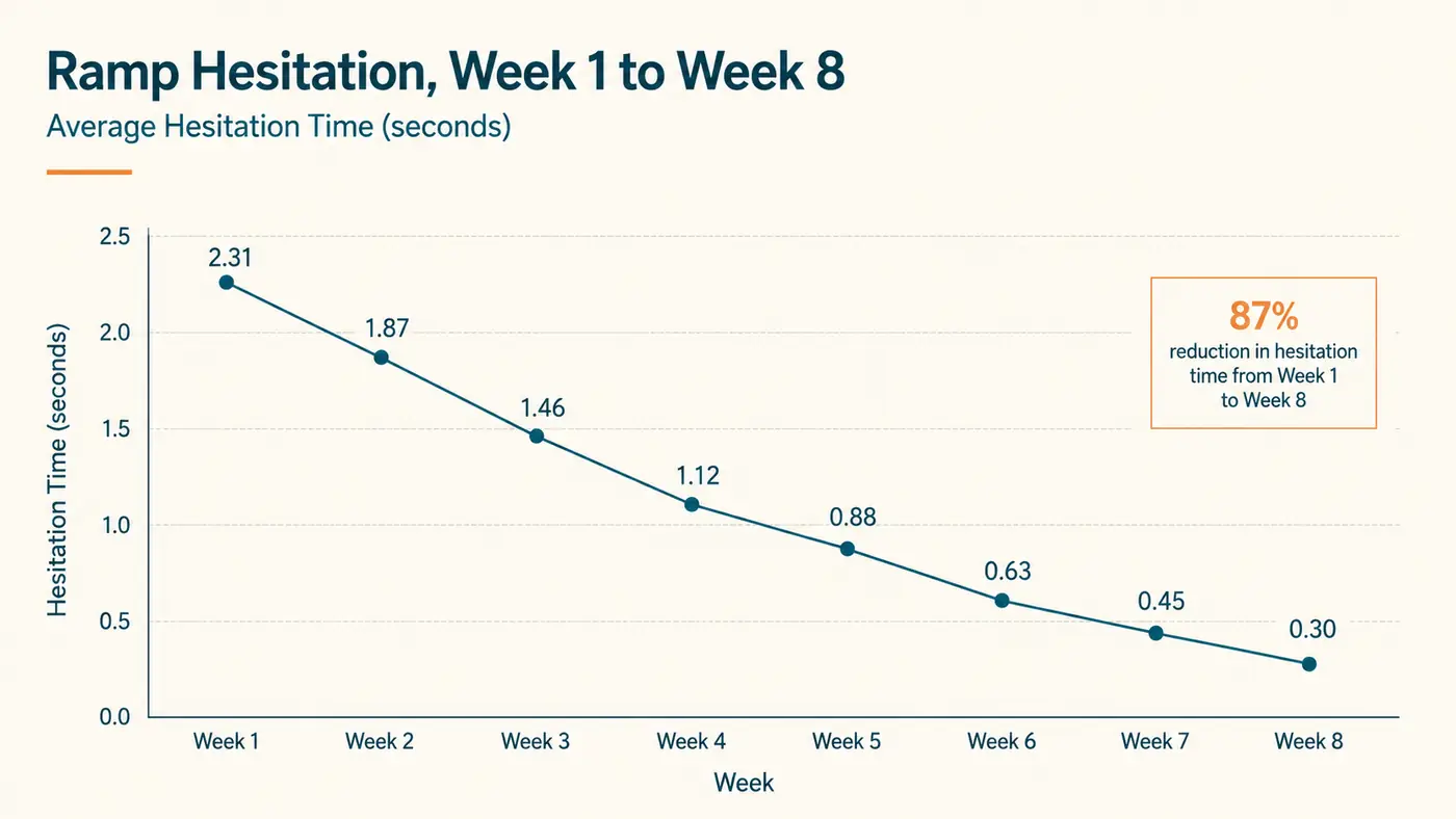 Simple line chart showing a dog's hesitation at the ramp dropping from most mornings in week one to almost never by week eight
