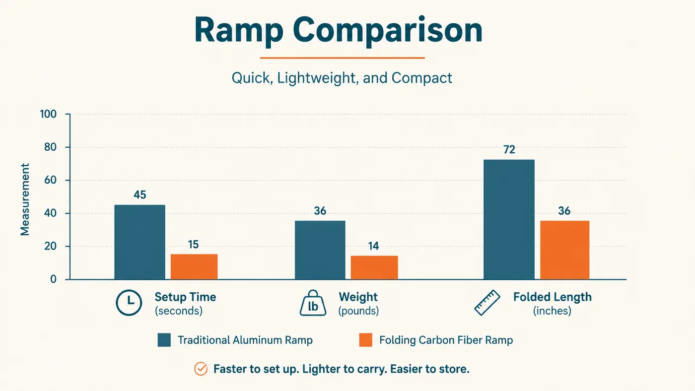 Chart comparing setup time, weight, and folded length between the PetSafe Happy Ride and a telescoping ramp